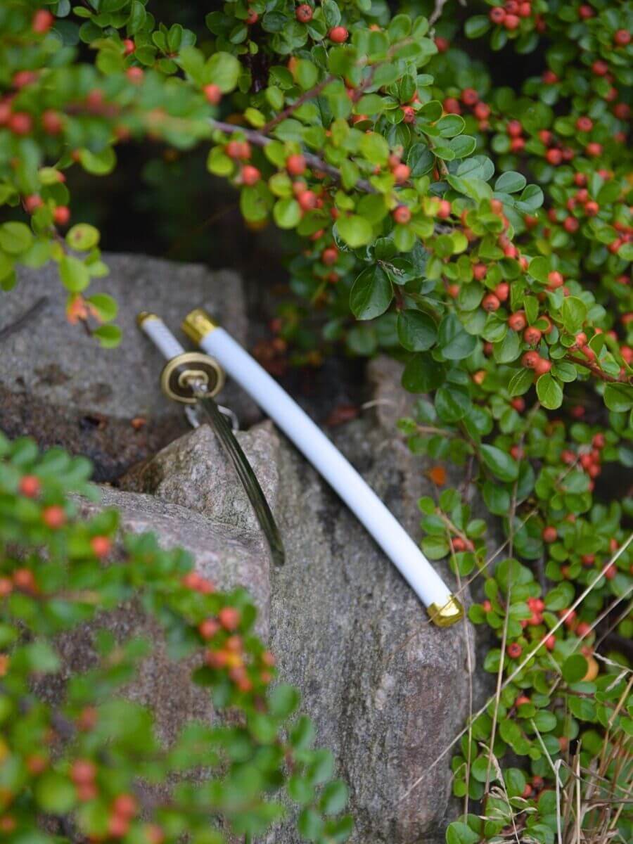 Tip of Ichimonji miniature katana blade amidst green foliage, resting on rocks.